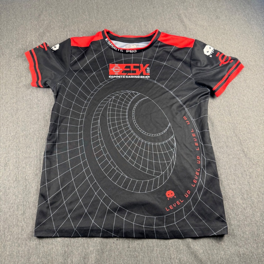 ESX 360 Esports Pro Gaming Jersey Boys Size 10/12 Black Red Grid Graphic Shirt
